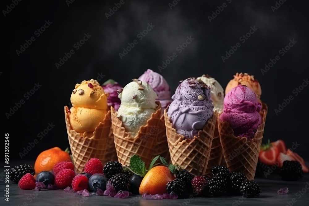  a group of ice cream cones filled with different flavors of ice cream and fruit on a black backgrou