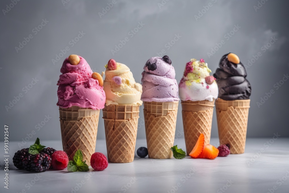  a row of ice cream cones filled with different flavors of ice cream and fruit on a gray background 