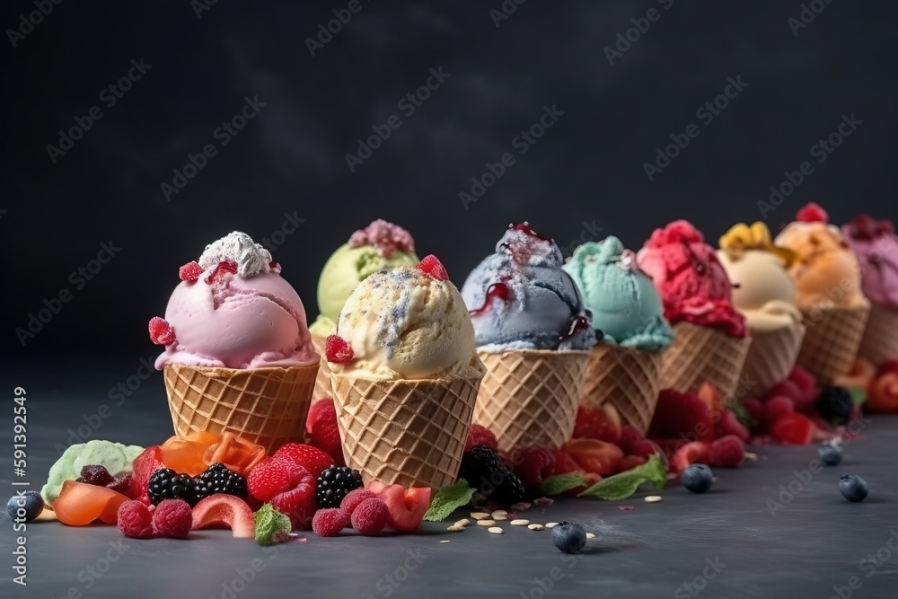  a row of ice cream cones filled with different flavors of ice cream and berries on top of each othe