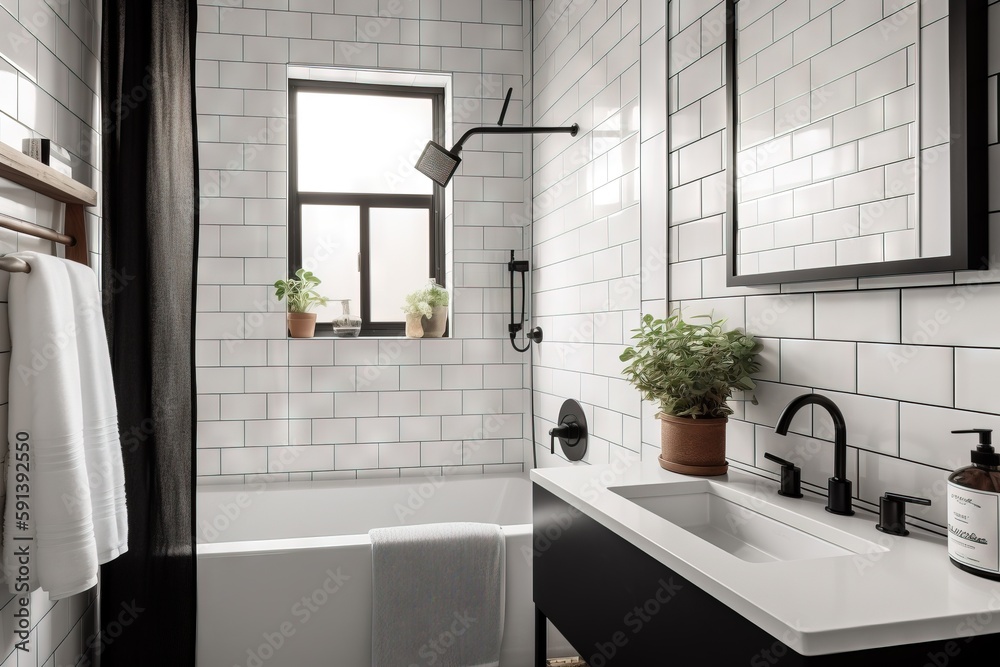  a bathroom with a sink, mirror, and bathtub with a plant in the corner of the bathroom sink and a t