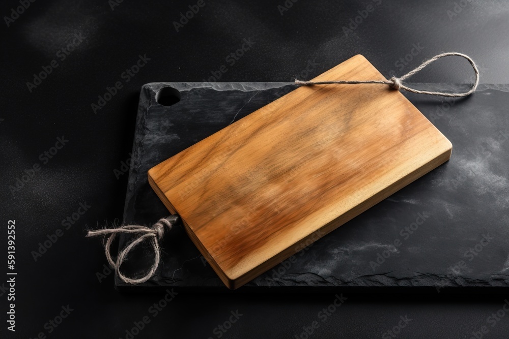  a wooden cutting board on a black slate board with twine of twine on top of the cutting board, on a