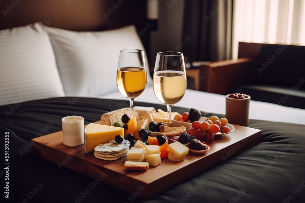  a tray of cheese, crackers, and wine on a bed with a glass of wine and a tray of cheese and cracker