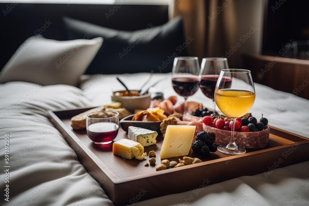  a tray of cheese, fruit, and wine on a bed with a window in the backround of the room in the backgr