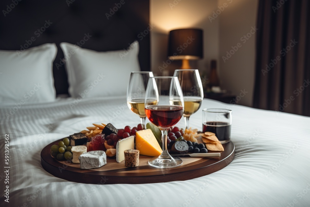  a tray of cheese, cheese, and wine on a bed with a tray of cheese and wine on the bed with a tray o