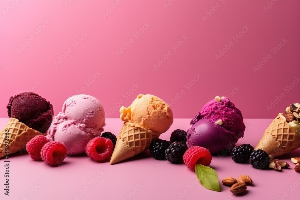  a row of ice cream cones with berries and almonds on a pink surface with a pink background and a pi