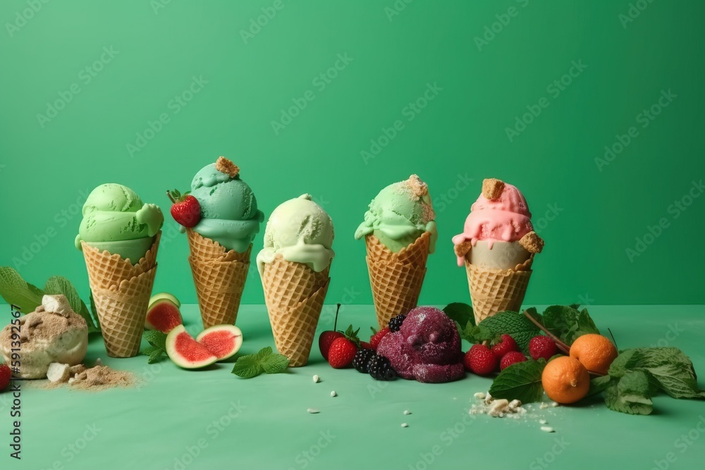  a group of ice cream cones sitting on top of a green table next to fruit and nuts on the floor and 