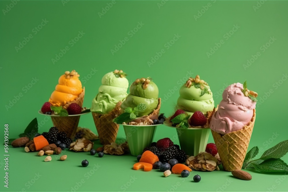  a group of ice cream cones sitting on top of a green table next to nuts and berries on a green surf