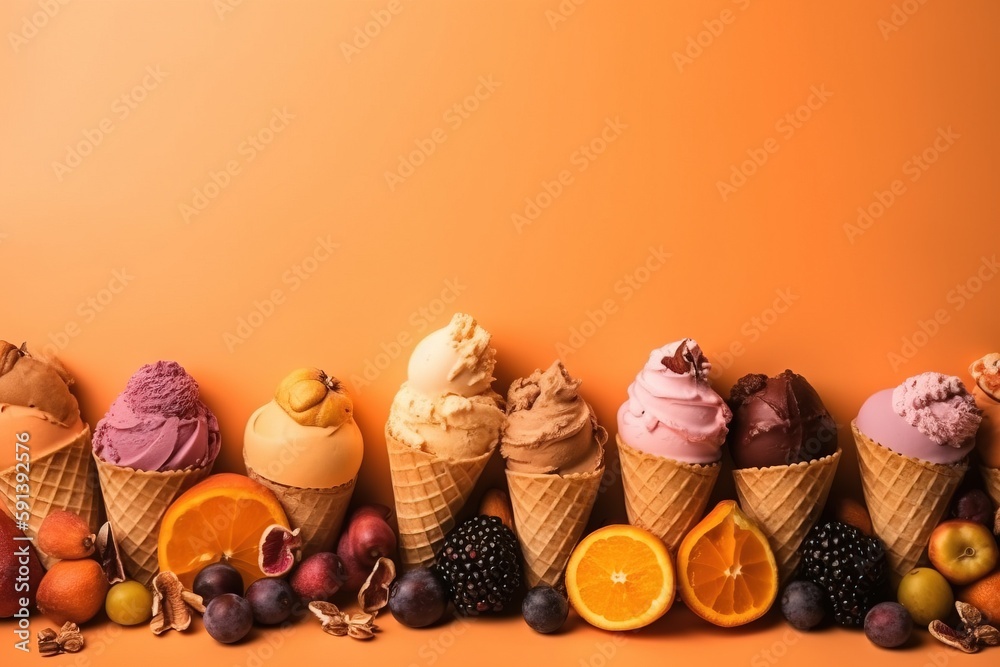  a row of ice cream cones filled with different types of fruit and nuts on an orange background with