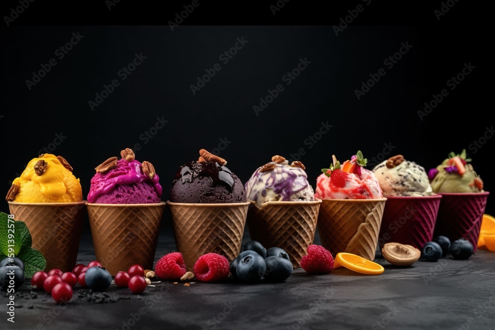  a row of ice cream cones filled with different flavors of ice cream and fruit on a black surface wi