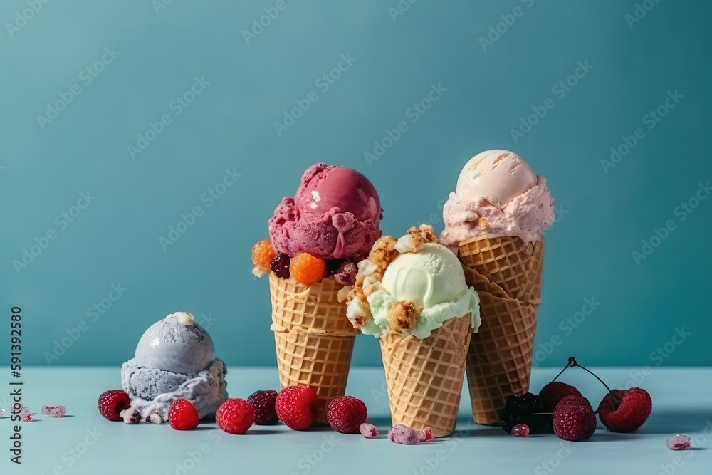  three scoops of ice cream with raspberries on a blue background with a few more scoops of ice cream