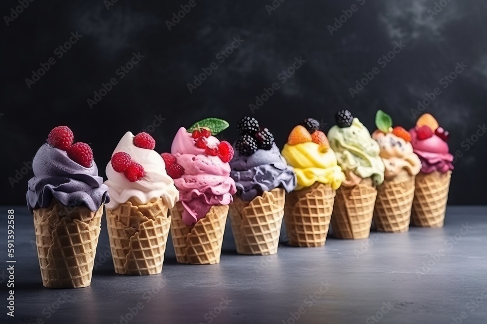  a row of ice cream cones filled with different flavors of ice cream and berries on top of each cone