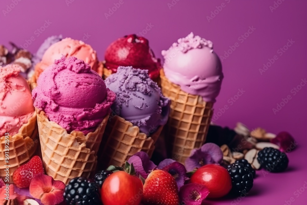  a group of ice cream cones sitting on top of a purple surface next to berries and other fruits and 