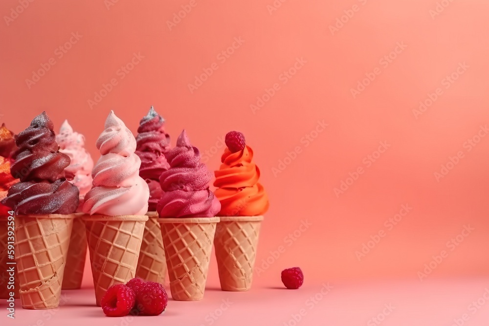  a row of ice cream cones with raspberries on top of them on a pink background with a pink backgroun