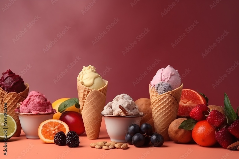  a group of ice cream cones sitting on top of a table next to fruit and nuts on a pink surface with 