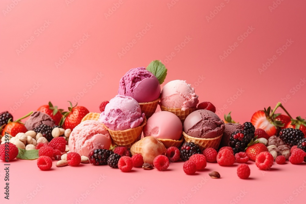  a pile of ice cream and berries on a pink background with a green leaf on top of the ice cream cone