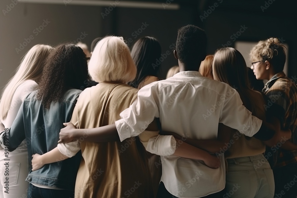  a group of people standing together in a circle with their arms around each other and their backs t