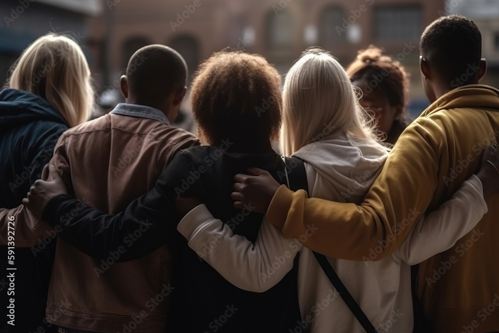  a group of people standing together in a circle with their arms around each other and their backs t