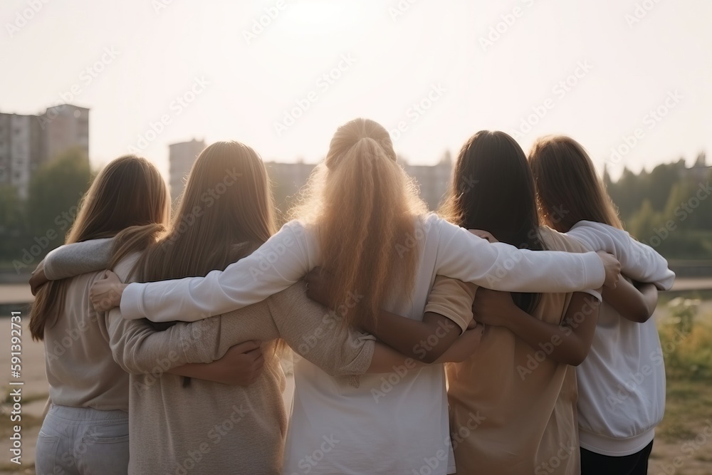  a group of women standing next to each other in a park with the sun shining through the trees behin