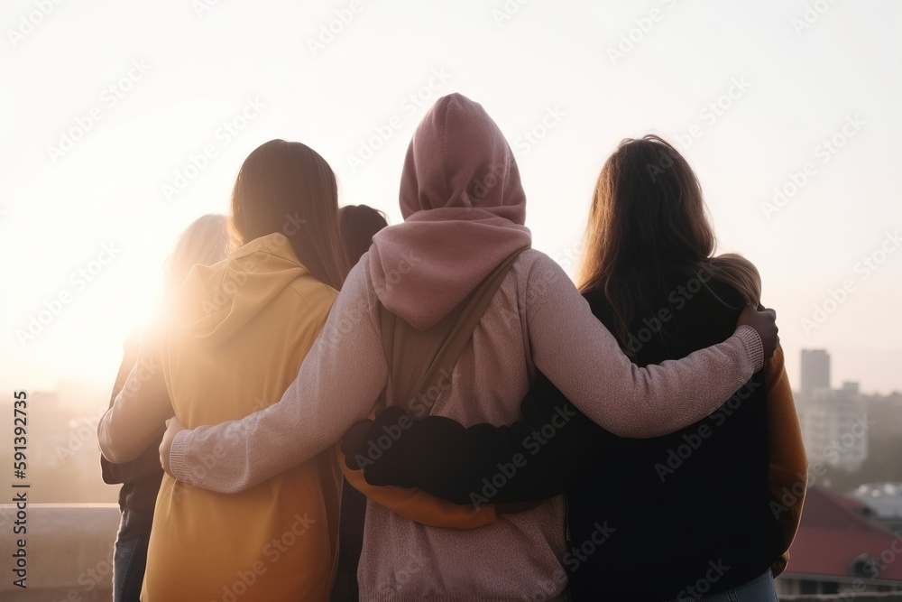  a group of women standing next to each other on top of a roof in front of a cityscape at sundown wi