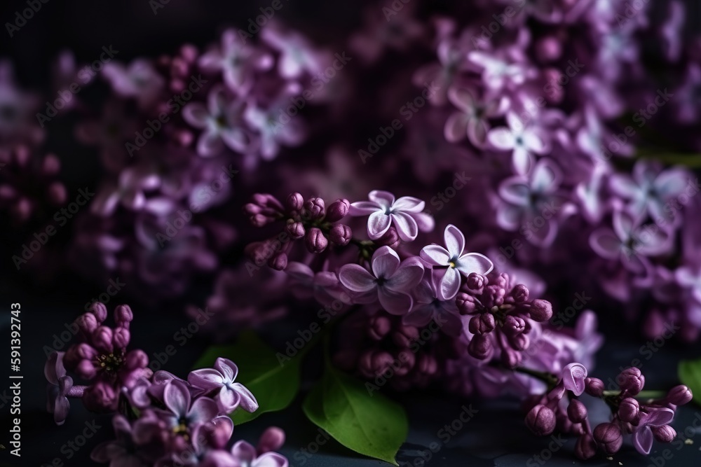  a bunch of purple flowers with green leaves on a black surface with a dark background with a few wh