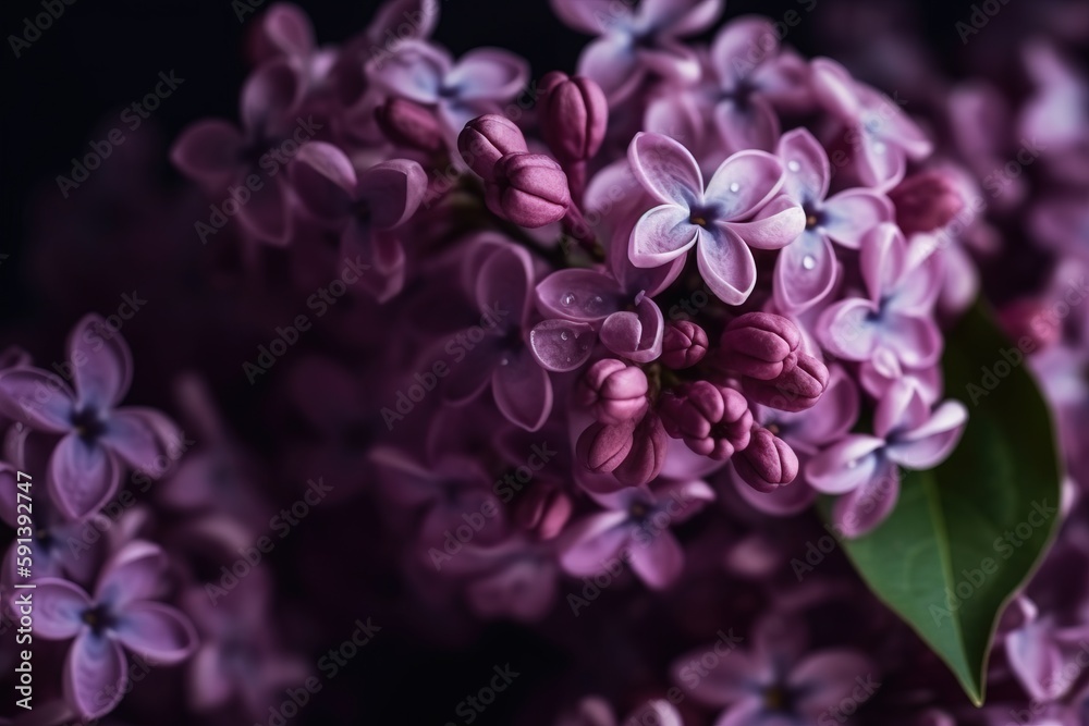  a close up of a bunch of purple flowers with green leaves on a black background with a black backgr