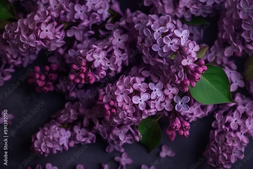  a bunch of purple flowers with green leaves on a black surface with a dark background with a few mo