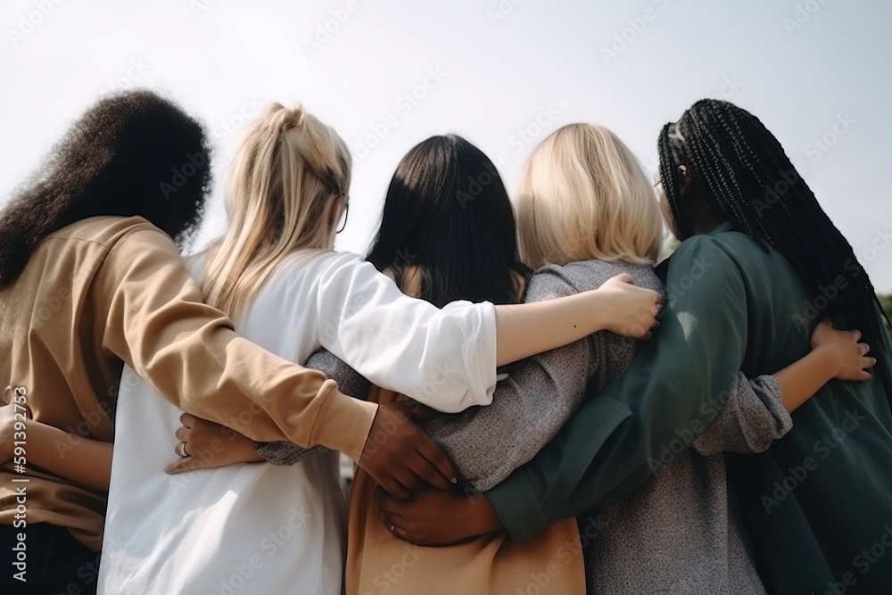  a group of women hugging each other in a circle with their arms around each other and their backs t