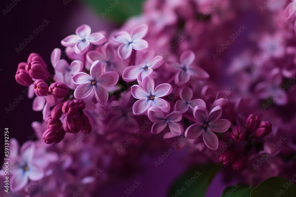  a bunch of purple flowers with green leaves on a purple background with a purple background and a p