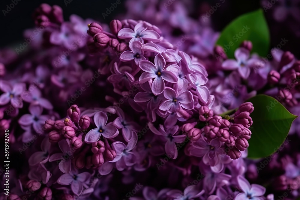  a bunch of purple flowers with green leaves on top of them and a black background with a green leaf