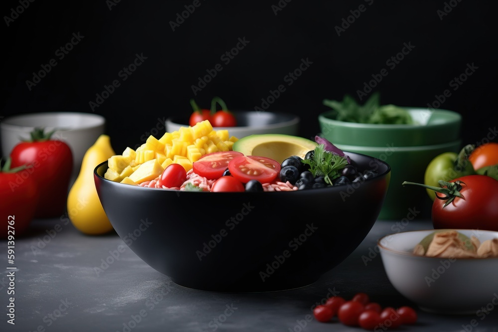  a black bowl filled with lots of different types of fruit and veggies next to bowls of vegetables a