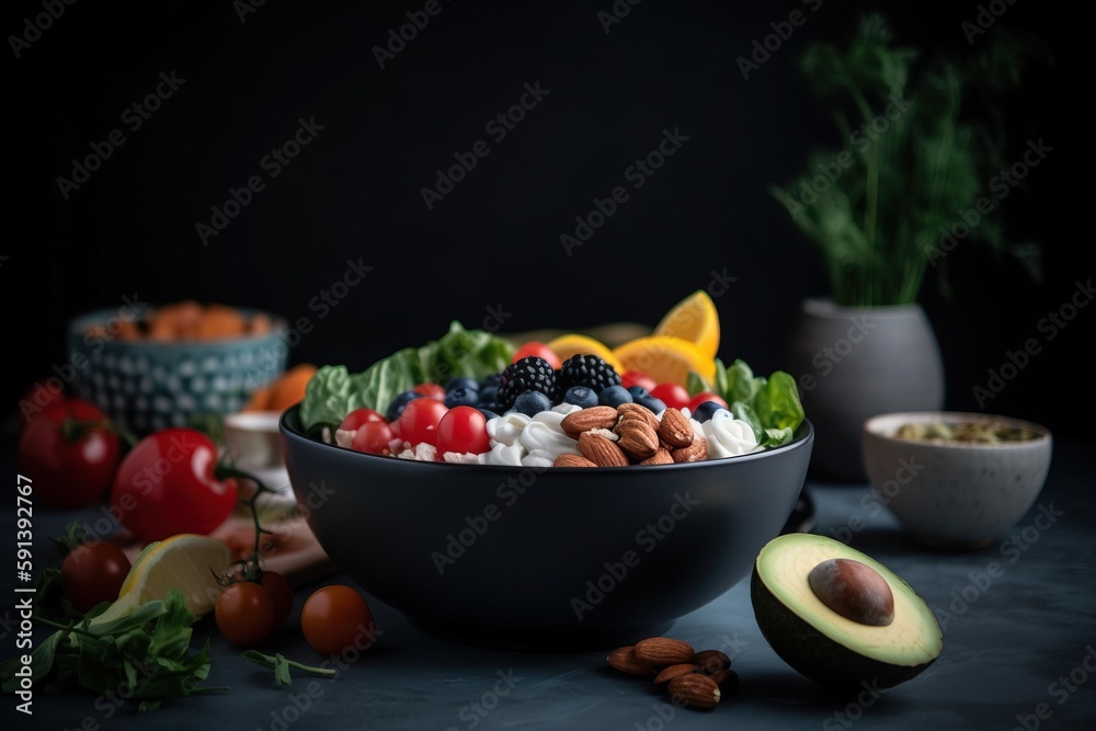  a bowl filled with fruit and vegetables next to a bowl of nuts and avocado on a black tablecloth wi