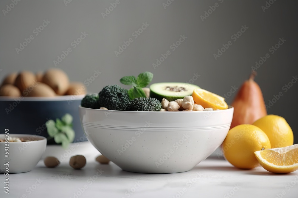  a white bowl filled with lots of different fruits and vegetables next to a bowl of nuts and avocado