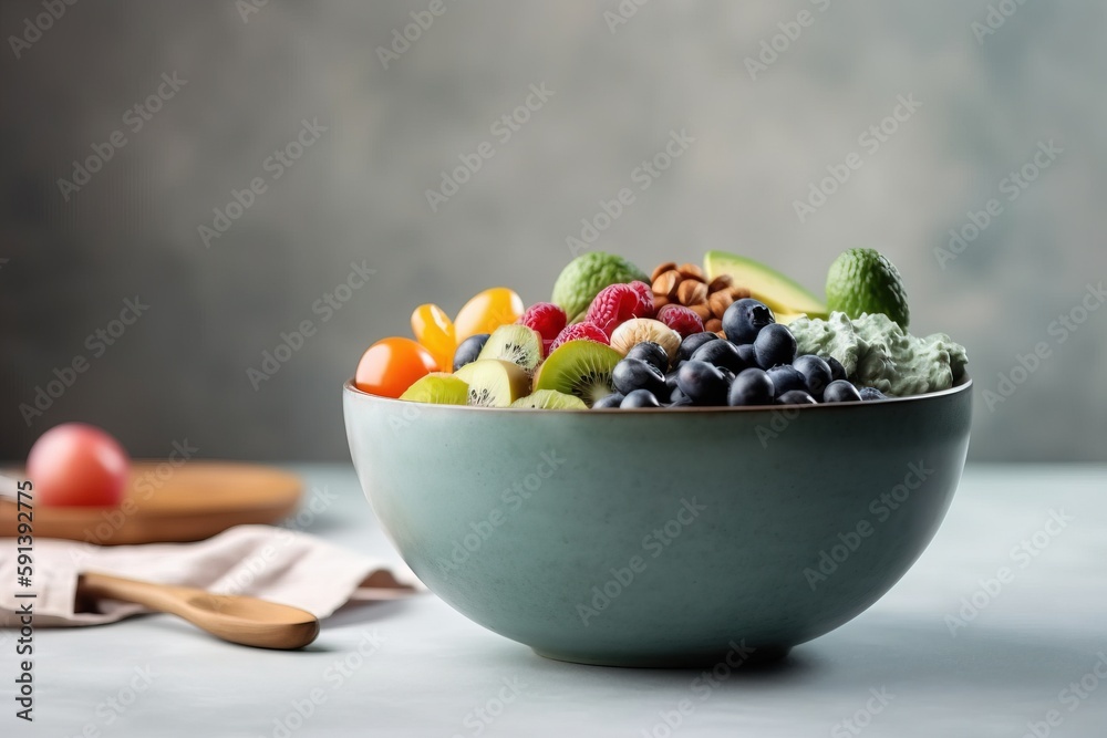  a bowl of fruit is sitting on a table next to a wooden spoon and a wooden utensil on a table cloth 