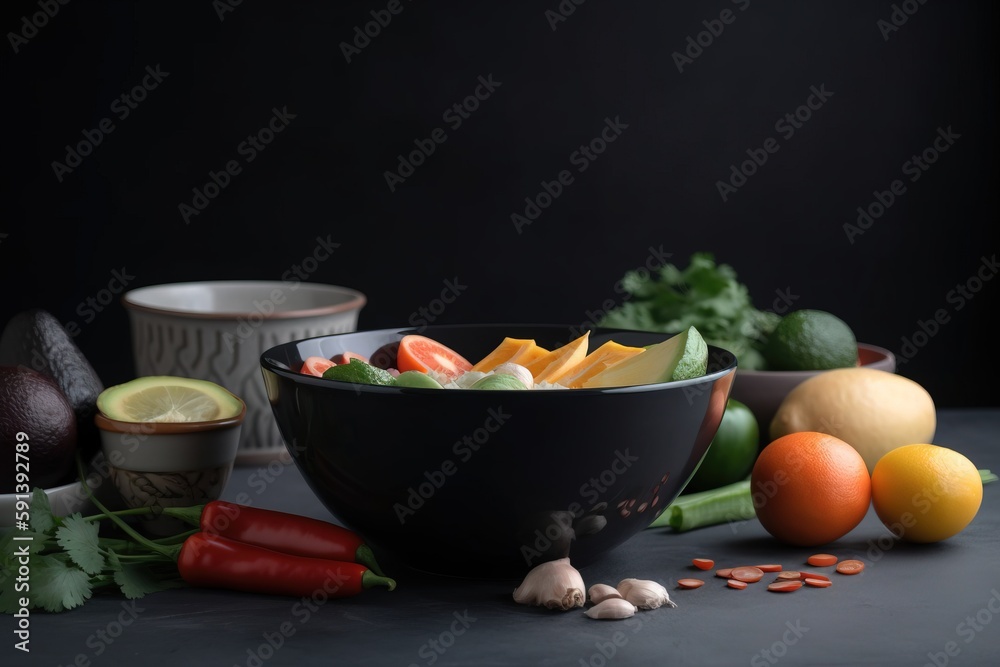  a black bowl filled with assorted vegetables and fruits next to a bowl of oranges and celery and ot