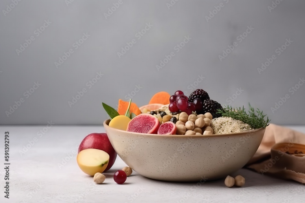  a white bowl filled with lots of different types of fruits and vegetables next to a bag of peanuts 