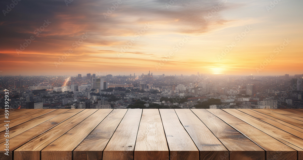 Wood table mockup with big city cityscape on background. Empty copy space for product presentation. 