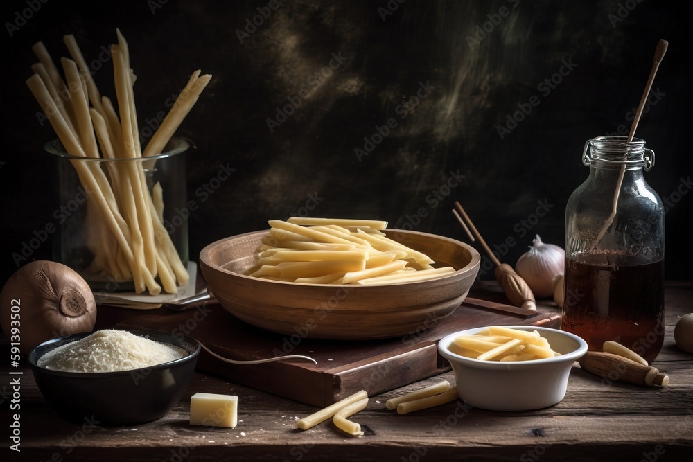  a wooden table topped with a bowl of pasta and a bowl of cheesesticks next to a bowl of cheesestick