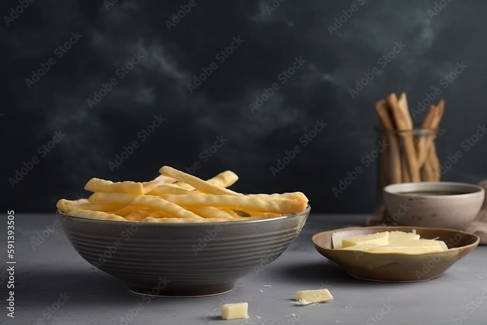  a bowl of cheese fries next to a bowl of buttered cheese fries on a gray surface with a black backg