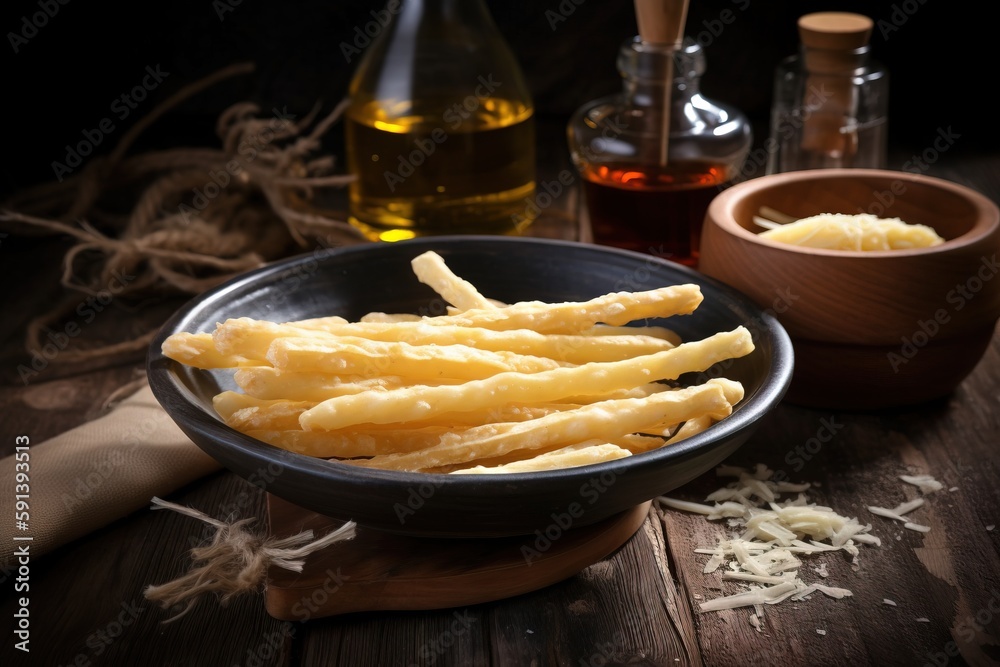  a bowl of french fries next to a bottle of oil and a wooden spoon on a wooden table with other bott