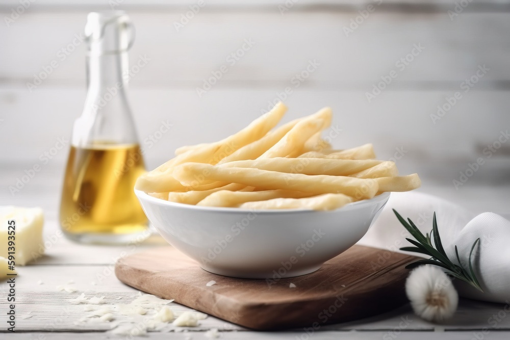  a bowl of french fries next to a bottle of oil and garlic on a cutting board with garlic and garlic