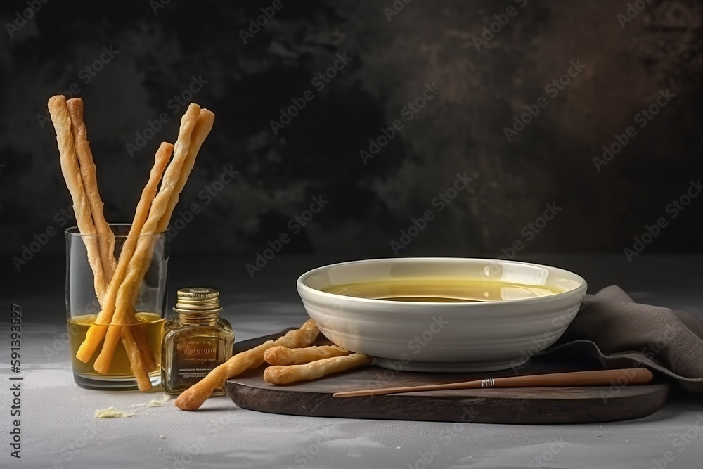  a bowl of soup and some bread sticks on a board with a glass of honey and a bottle of oil on the si