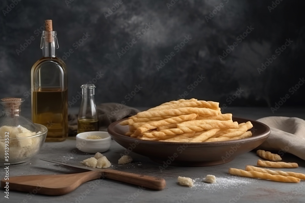  a bowl of bread sticks next to a bottle of oil and a wooden spoon on a gray tablecloth with a woode