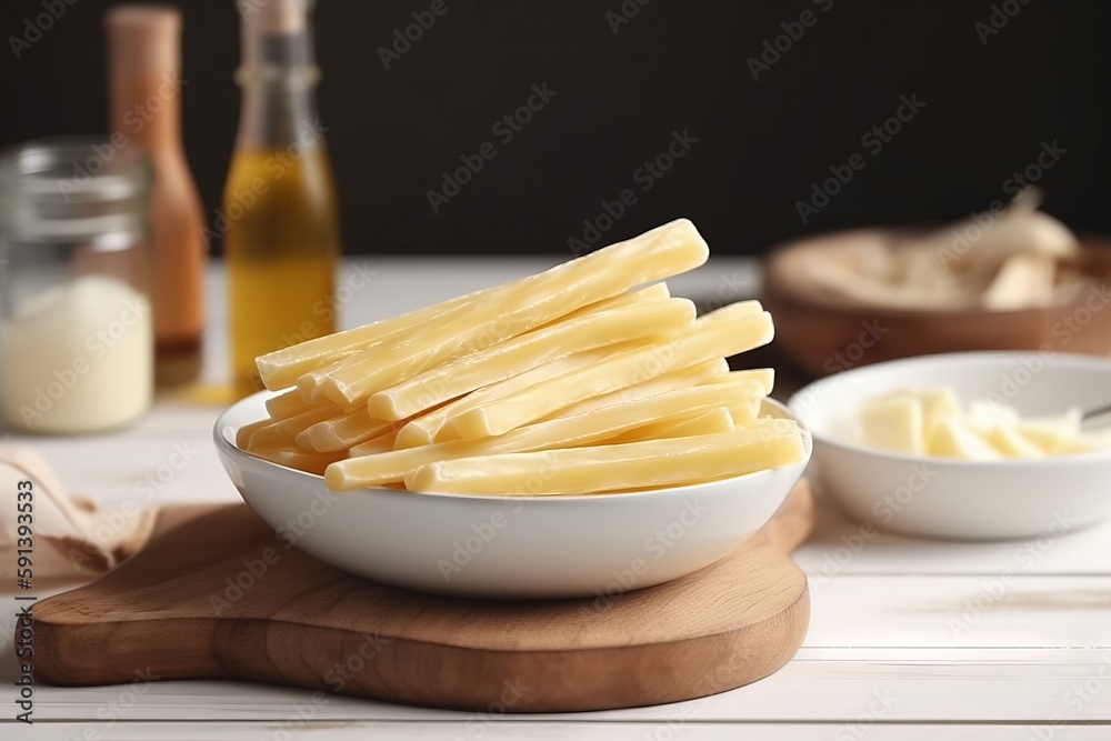  a white bowl filled with cut up cheese sticks on a cutting board next to a bottle of mustard and a 