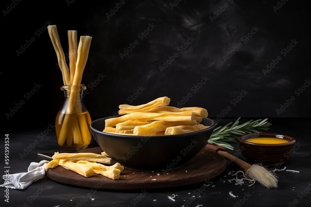  a bowl of cheese sticks next to a bowl of cheese sticks and a bottle of mustard on a black backgrou