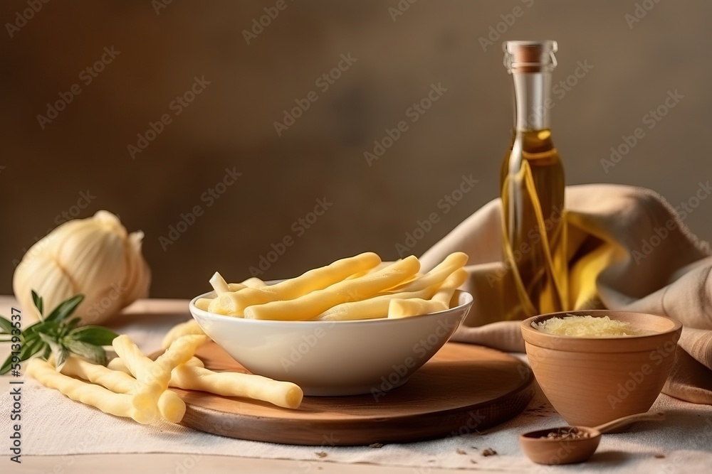  a bowl of french fries next to a bottle of olive oil and garlic on a wooden board with a bowl of ga