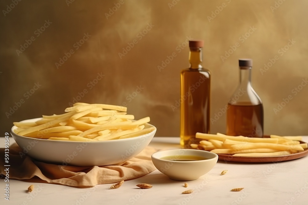  a bowl of french fries next to a bottle of oil and a bowl of oil and a bottle of olive oil on a whi