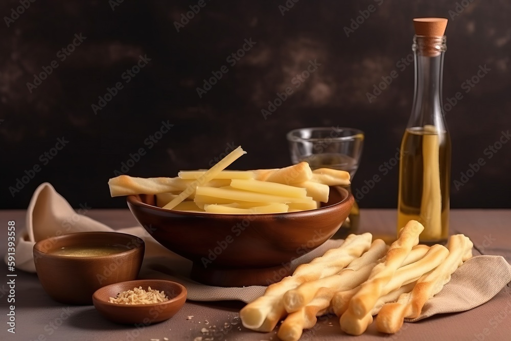  a bowl of french fries next to a bottle of olive oil and a bowl of salt and pepper on a table with 