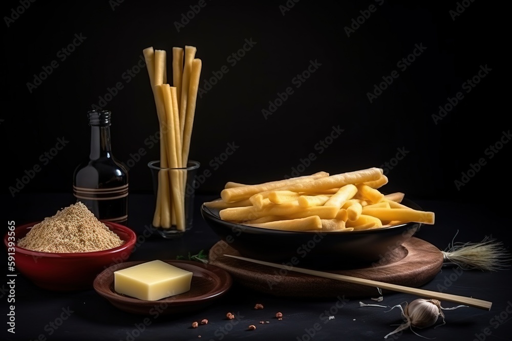  a bowl of french fries next to a bottle of wine and a bowl of cheese sticks on a plate with a bottl