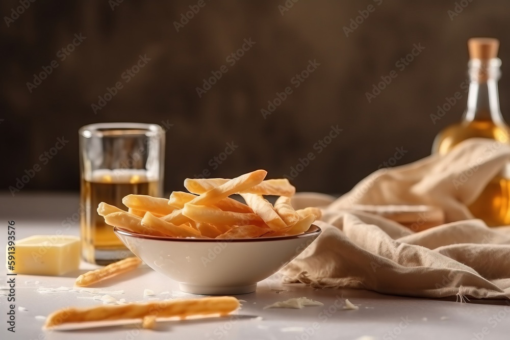  a bowl of french fries next to a bottle of wine and a glass of wine on a table with a cloth and a b