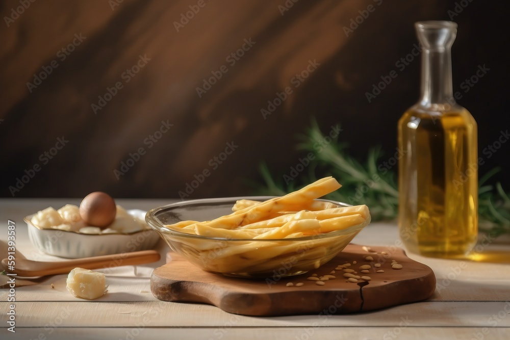  a bowl of french fries next to a bottle of oil and a spoon on a cutting board on a wooden surface w